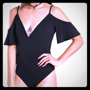 Black Flutter Low Back Cold Shoulder Bodysuit Leo